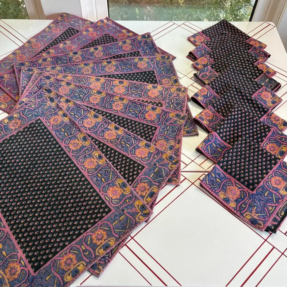 Vintage 8 Placemats 8 Napkins Purple Paisley Cotton Table Linens
